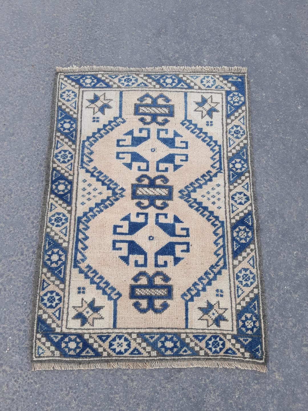 Vintage Turkish Small Wool Rug 2.6x3.6 Ft: Blue Beige Entryway Kitchen ...