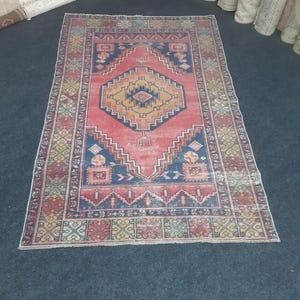 Vintage Turkish Rug 4x6: Red & Navy Geometric Wool Anatolian Carpet