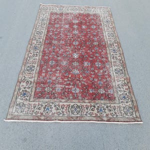 Handwoven Wool Oushak Rug 3.10x6.7: Vintage Turkish Rug, Red Blue Beige