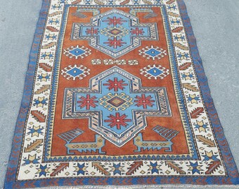 Vintage Turkish Wool Rug 4.3x5.10 ft, Geometric Bohemian Decor