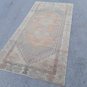 Vintage Turkish Oushak Rug: Handwoven Wool, Beige Orange Gray Tribal Design (3x7)