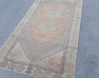 Vintage Turkish Oushak Rug: Handwoven Wool, Beige Orange Gray Tribal Design (3x7)