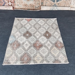 4x4 Vintage Turkish Rug,4x4 Square Kitchen Bathroom Doormat Entryway Rug, 4x4 Wool Rug,Oushak Rug,Small Rug,Anatolian Floor Rug, 3.8x3.11 ft