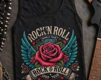 Camiseta sin mangas Rock'n Roll para mujer – Camiseta sin mangas vintage rosa con estampado, estilo motero chic, negro, rosa, blanco roto, gris, regalo para ella