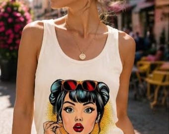 Camiseta sin mangas Pin-Up Pop Art para mujer – Camiseta de verano a la moda – Estilo vintage chic – Camiseta estampada para mujer – Ropa urbana de verano