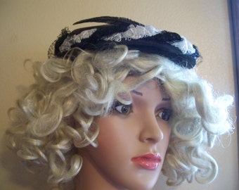 1950s Woman's Hat -Black Linen Pillbox Style With White Frills, Feathers and Pearls - Blanche