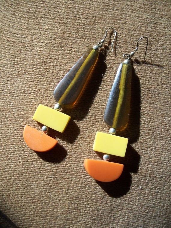 70s Lucite earrings, Orange Yellow and Olive, Silv