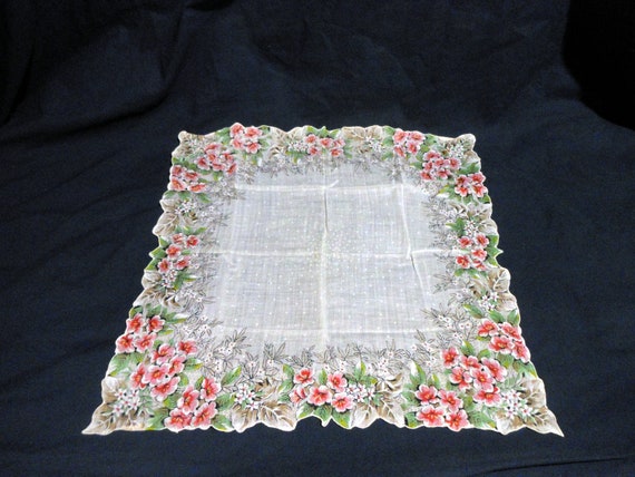 Linen Handkerchief - Floral Print - Mid Century - image 1