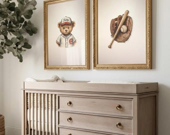 Digitale download: kinderkunstprintset honkbal - vintage teddybeer en want/knuppel/bal