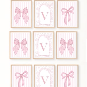 Pink Bow WallArt, Custom Initial Art, Pink Nursery Art, Pink Nursery, Pink Bow Watercolor Print Set of 3, Pink Bow Nursery, Baby Girl.