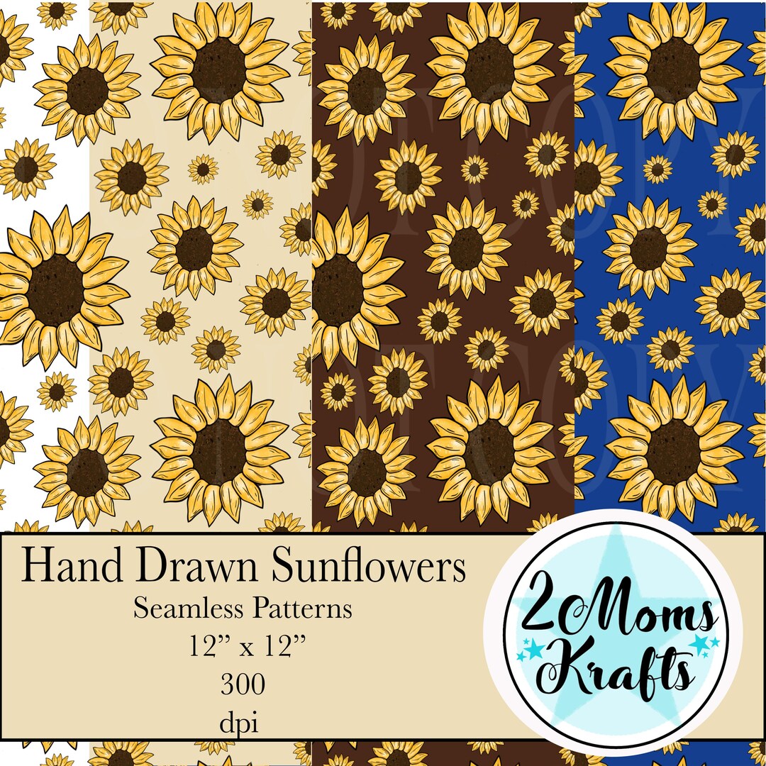 4 Seamless Patterns- HAND DRAWN Sunflowers on Blue, Brown, Tan and ...