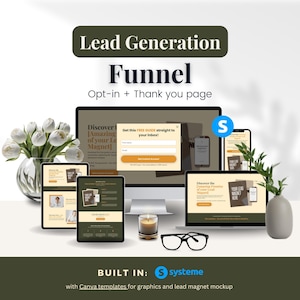 May include: A mockup of a lead generation funnel with a computer screen, a tablet, and a smartphone. The computer screen shows a pop-up form with the text "Get this FREE GUIDE straight to your inbox!" The tablet and smartphone show a thank you page with the text "Discover the Amazing Promise of your Lead Magnet". The text "Lead Generation Funnel Opt-in + Thank you page" is displayed at the top of the image.