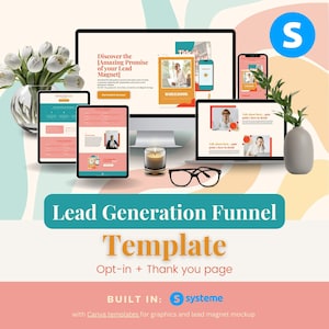 May include: A digital marketing template displayed on various devices, including a desktop monitor, tablets, and smartphones. The design features a workbook and the text "Lead Generation Funnel Template." A candle, glasses, and a vase with greenery are also present.