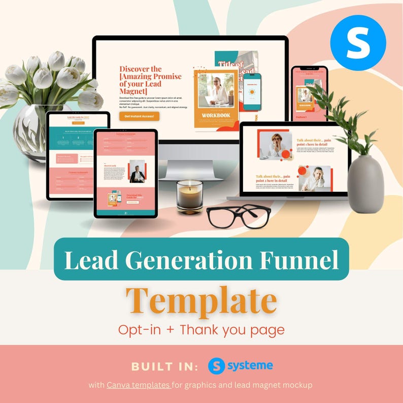 Puede incluir: Una plantilla de marketing digital mostrada en varios dispositivos, incluyendo un monitor de escritorio, tabletas y smartphones. El dise&ntilde;o presenta un libro de trabajo y el texto "Lead Generation Funnel Template". Tambi&eacute;n hay una vela, gafas y un jarr&oacute;n con vegetaci&oacute;n.