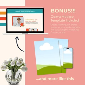 Puede incluir: Una maqueta digital con un port&aacute;til, un smartphone y dos hojas de papel, que muestran un cielo azul claro y un paisaje verde. El texto "BONUS!!! Canva Mockup Template Included" es visible, junto con la frase "...and more like this."