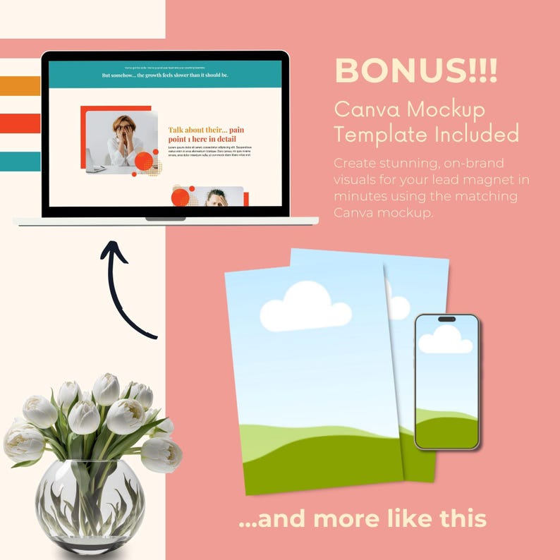 Puede incluir: Una maqueta digital con un port&aacute;til, un smartphone y dos hojas de papel, que muestran un cielo azul claro y un paisaje verde. El texto "BONUS!!! Canva Mockup Template Included" es visible, junto con la frase "...and more like this."