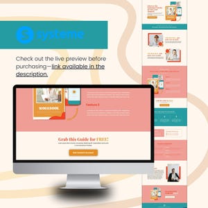 Puede incluir: Un monitor de ordenador muestra una p&aacute;gina web con un dise&ntilde;o rosa y blanco, con el texto "WORKBOOK" y "Grab this Guide for FREE!". El logotipo de Systeme est&aacute; en la parte superior izquierda. Tambi&eacute;n es visible el texto "Check out the live preview before purchasing".