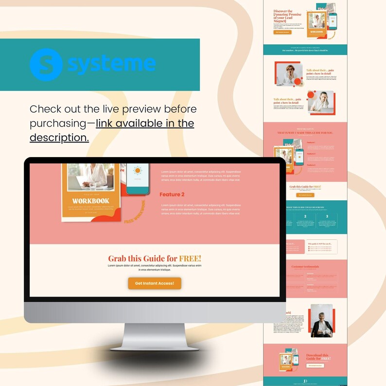 Puede incluir: Un monitor de ordenador muestra una p&aacute;gina web con un dise&ntilde;o rosa y blanco, con el texto "WORKBOOK" y "Grab this Guide for FREE!". El logotipo de Systeme est&aacute; en la parte superior izquierda. Tambi&eacute;n es visible el texto "Check out the live preview before purchasing".