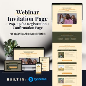 May include: A laptop, tablet, and smartphone display a website with a webinar invitation page. The page features a 3-day journey to balance and purpose. The website is built with Systeme.