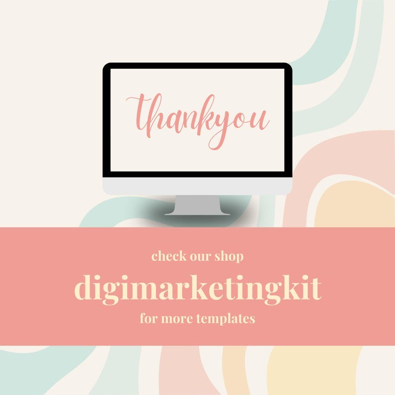 Puede incluir: Un monitor de ordenador muestra la palabra "thankyou" en una fuente rosa. Debajo del monitor, una pancarta rosa dice "digimarketingkit" con el texto "check our shop" y "for more templates" en una fuente m&aacute;s peque&ntilde;a.