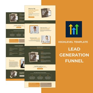 Puede incluir: Una plantilla de marketing digital con el tema del embudo de generación de leads. El diseño presenta una combinación de colores verde oscuro y beige con el texto "YOUR LEAD MAGNET HERE" y "HIGHLEVEL TEMPLATE LEAD GENERATION FUNNEL". La imagen incluye capturas de pantalla de una guía.
