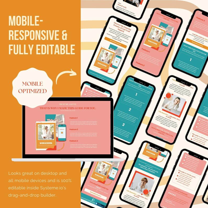 Puede incluir: Un port&aacute;til y varios smartphones que muestran un dise&ntilde;o de cuaderno de trabajo. El dise&ntilde;o presenta un esquema de color rosa y turquesa con el texto "MOBILE-RESPONSIVE & FULLY EDITABLE" y "MOBILE OPTIMIZED". El texto "Looks great on desktop" tambi&eacute;n es visible.
