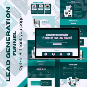 Può includere: Un modello di marketing digitale turchese e bianco con le parole "Lead Generation Funnel" e "Opt-in + Thank you page". Un laptop mostra una pagina web con il testo "Discover the [Amazing Promise of your Lead Magnet]" e altre grafiche.