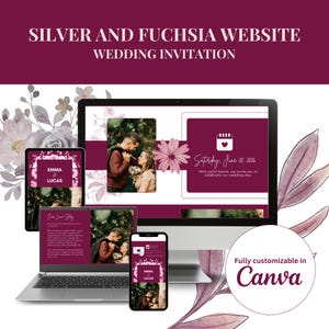 May include: A digital wedding invitation design in silver and fuchsia, displayed on a laptop, tablet, and smartphone. The design includes photos, floral accents, and the text "SILVER AND FUCHSIA WEBSITE WEDDING INVITATION". The invitation is fully customisable in Canva.