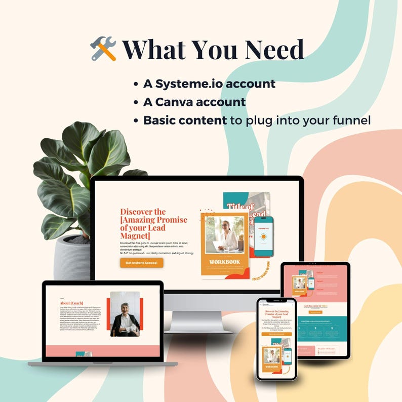 Puede incluir: Un gr&aacute;fico de marketing digital con el texto "Lo que necesitas" y una lista de requisitos. La imagen muestra una computadora port&aacute;til, una computadora de escritorio, una tableta y un tel&eacute;fono inteligente, cada uno mostrando maquetas de sitios web. Una planta en maceta est&aacute; en el fondo.