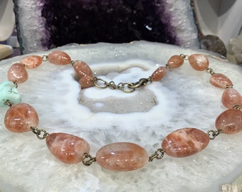 Sunstone & Peruvian opal brass linked gemstone necklace