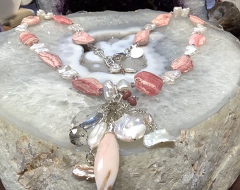 Statement Drop rhodochrosite & pearl gemstone necklace