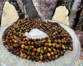 8mm Multicolour Red Yellow Blue tiger eye round gemstone beads