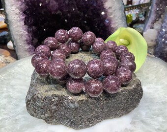 Natural Purple Lepidolite Gemstone Round Bead Bracelet - healing energy 14mm