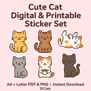 Pegatinas de gato kawaii – Digitales e imprimibles – A4/Carta PDF/PNG – Para agendas/diarios – Uso comercial permitido