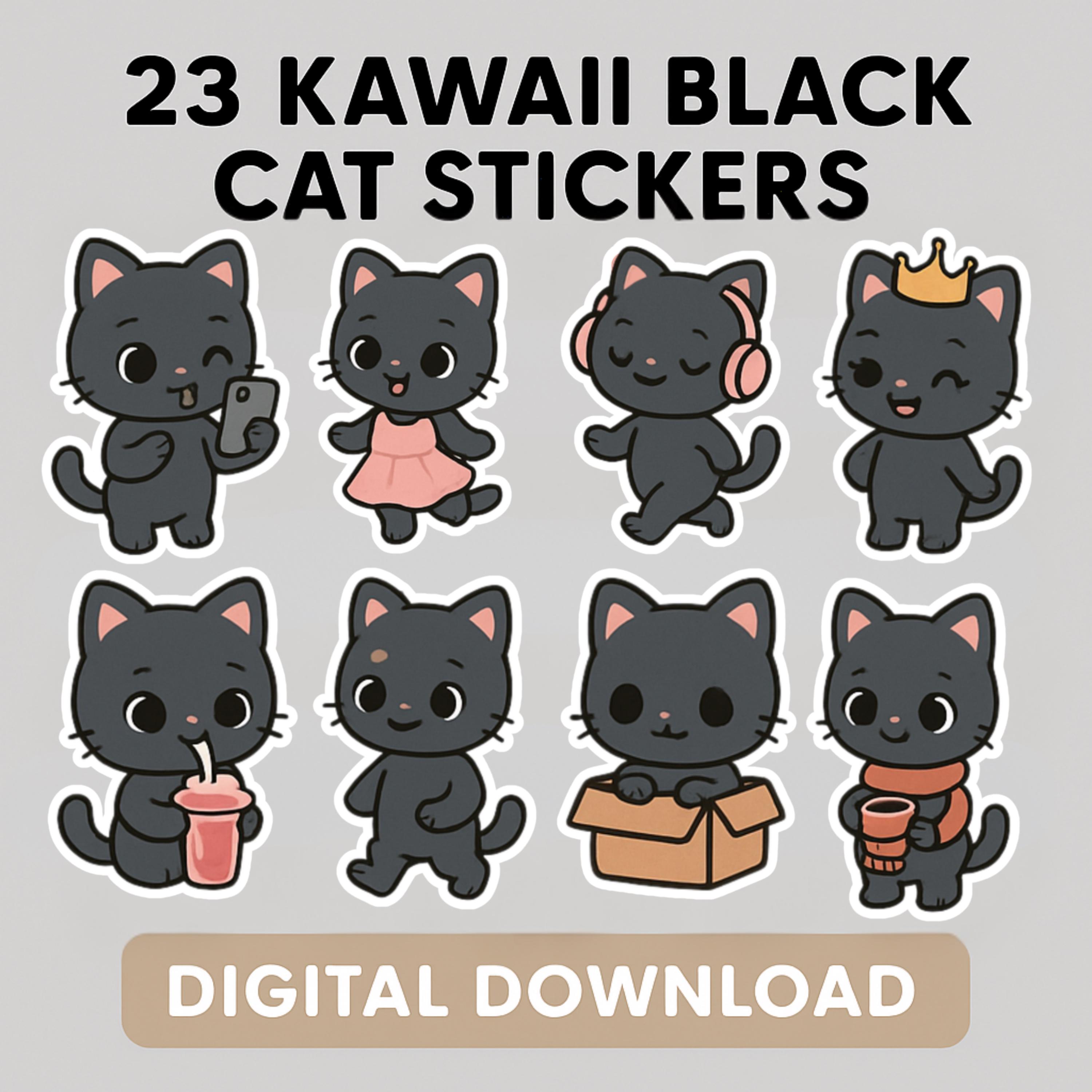 Kawaii Black Cat Sticker Set – 23 Poses, PNG, JPEG, PDF (digital ...