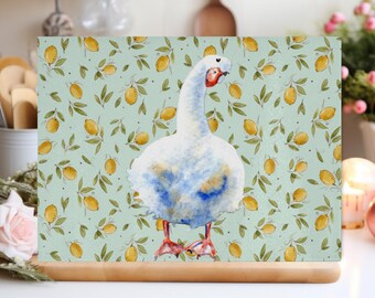 Goose and Lemon Glass Chopping Board. Goose Gifts for Her. Kitchen Decor. Gifts for Cooks. Glass Worktop Savers. Cottage Core. Farmyard.