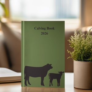 Puede incluir: Un libro verde con tapa dura titulado "Calving Book 2026" con una silueta negra de una vaca y un ternero. El libro está de pie sobre una superficie de madera.