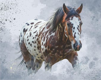 May include: A watercolour painting of a horse with a distinctive spotted coat. The horse features a white and brown coat with dark brown spots. The mane and tail are dark brown. The background is a light grey with watercolour splatters.