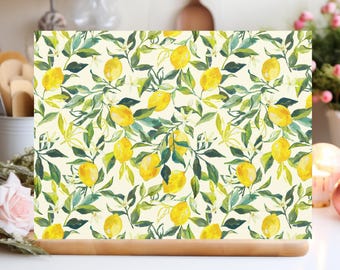 Glass Chopping Board. Pretty Lemon Glass Worktop Saver. Farmhouse Kitchen Decor. Cottage Core Gifts. Cooks Birthday. Lemon Kitchen Decor.