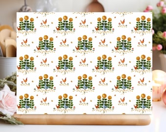 Pretty Chicken and Goose, Floral Glass Chopping Board. Floral Gifts for Her. Kitchen Chicken Decor. Gifts for Cooks. Glass Worktop Savers.