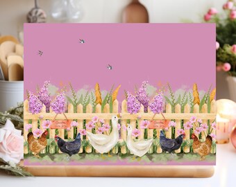 Pretty Chicken and Goose, Floral Glass Chopping Board. Floral Gifts for Her. Kitchen Chicken Decor. Gifts for Cooks. Glass Worktop Savers.