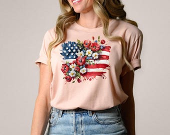 Floral American Flag Shirt,4th of July Flower Tee,Patriotic USA T-Shirt,Independence Day Top,Red White Blue Women Shirt