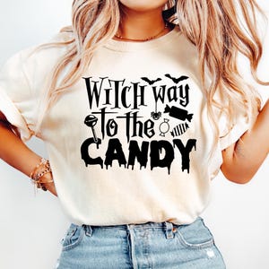 Witch Way to the Candy Halloween T-Shirt, Cute Witch Graphic Tee, Funny Trick or Treat Shirt for Spooky Season