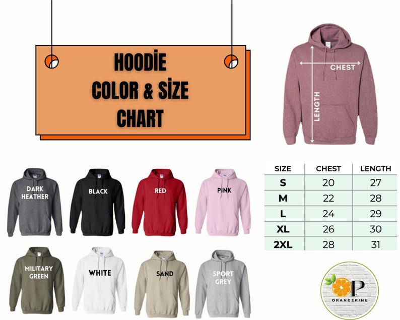 May include: A hoodie color and size chart with various hoodie colors, including dark heather, black, red, and pink. The chart also displays chest and length measurements for sizes S through 2XL.