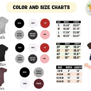 May include: Color and size charts for youth, toddler, and baby apparel. Includes size and measurement details in inches for various sizes, along with color options like black, white, and red. The image also features illustrations of children.