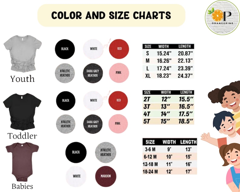 May include: Color and size charts for youth, toddler, and baby apparel. Includes size and measurement details in inches for various sizes, along with color options like black, white, and red. The image also features illustrations of children.