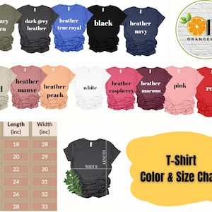 May include: A variety of t-shirts in different colors, including military green, black, and pink, are displayed. A size chart shows measurements in inches. The image also includes a logo and a color and size chart.