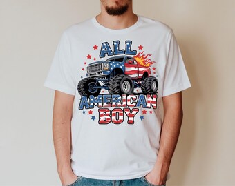 All American Boy Monster Truck Shirt, Patriotic 4th of July Tee, USA Flag Off-Road Shirt for Boys, Independence Day Gift Idea