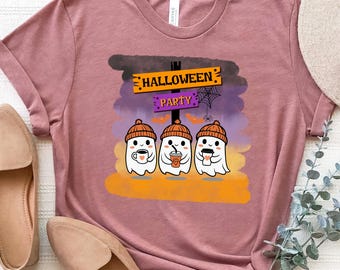 Coffee Ghost Halloween Tee, Spooky Season Shirt, Cozy Fall Halloween Party Tee, Ghost Friends Shirt, Autumn Vibes Coffee Shirt