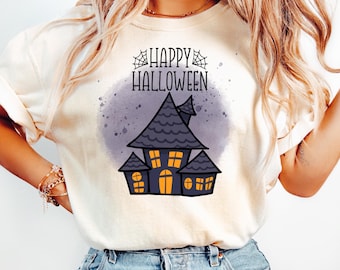 Haunted House Halloween Tee, Cute Spooky Shirt, Purple Haunted Home Graphic, Ghost Season T-Shirt, Fall Witchy Gift Tee